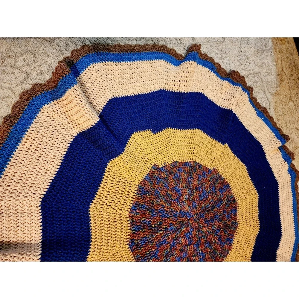Beautiful Crocheted Blanket Round With Colorful Blue/brown Pattern 58in